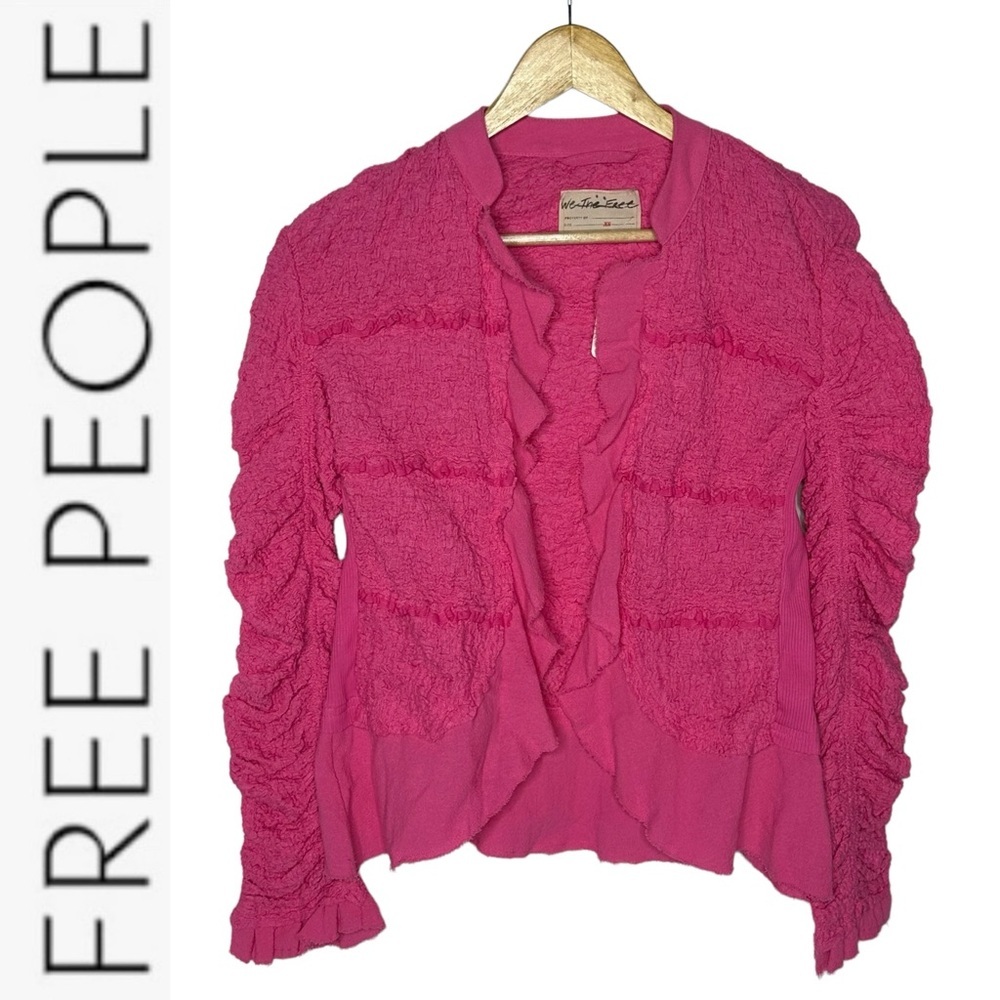 NWT Free People We The Free Bright Pink Ruffle Crinkle Open Cardi xs